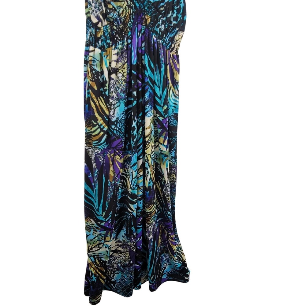 Womens Maxi Dress 1X Blue Purple Abstract Tropical Smocked V-Neck Boho Vacation - Picture 3 of 11